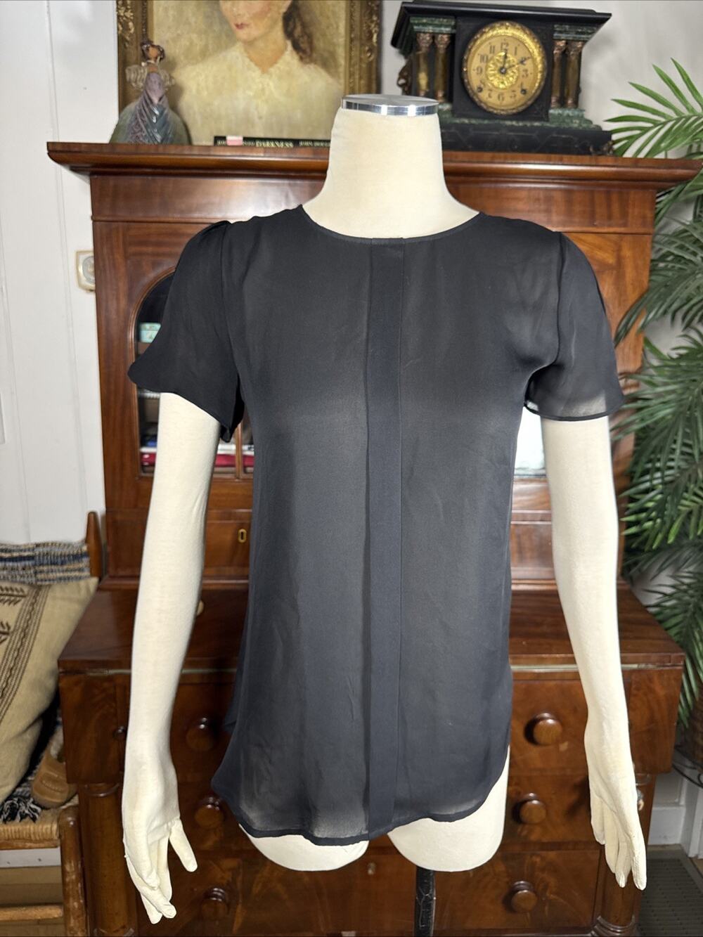J.Crew 100% Silk Blouse Top Sz [00] Black Sheer Short Split Sleeve Pleat